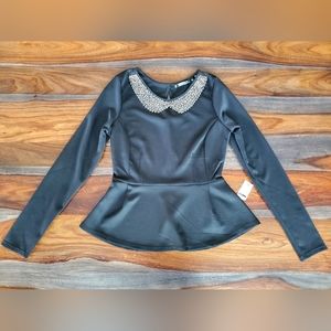 Black Peplum Ladies Top, Beaded Collar, Medium, Fitted, NWT, Gorgeous
